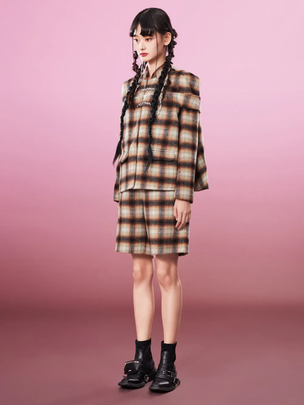 MUKZIN Brown Exquisite Woolen Plaid Suit Coat