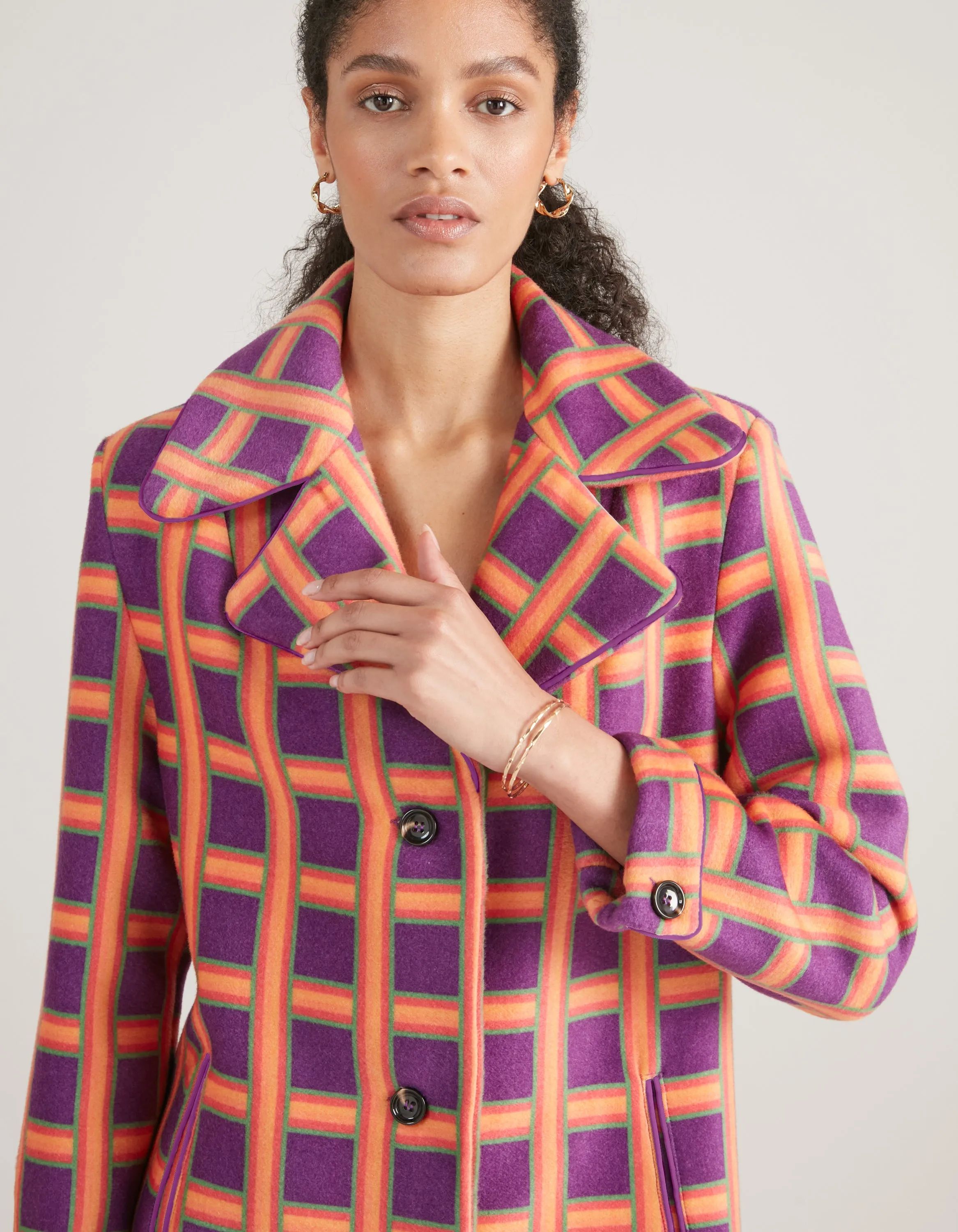 Nandi Purple Tartan Print Cashmere And Wool Coat