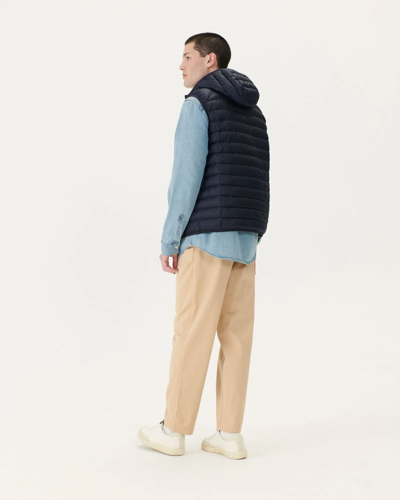 Navy Hooded sleeveless down jacket Pat