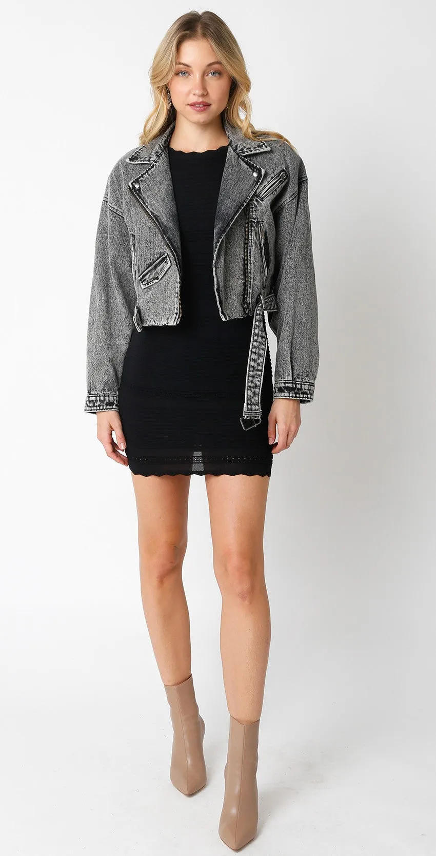 Pamela Acid Wash Denim Crop Moto Jacket - Black/Grey