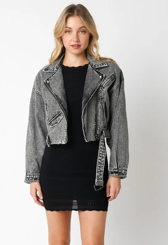 Pamela Acid Wash Denim Crop Moto Jacket - Black/Grey