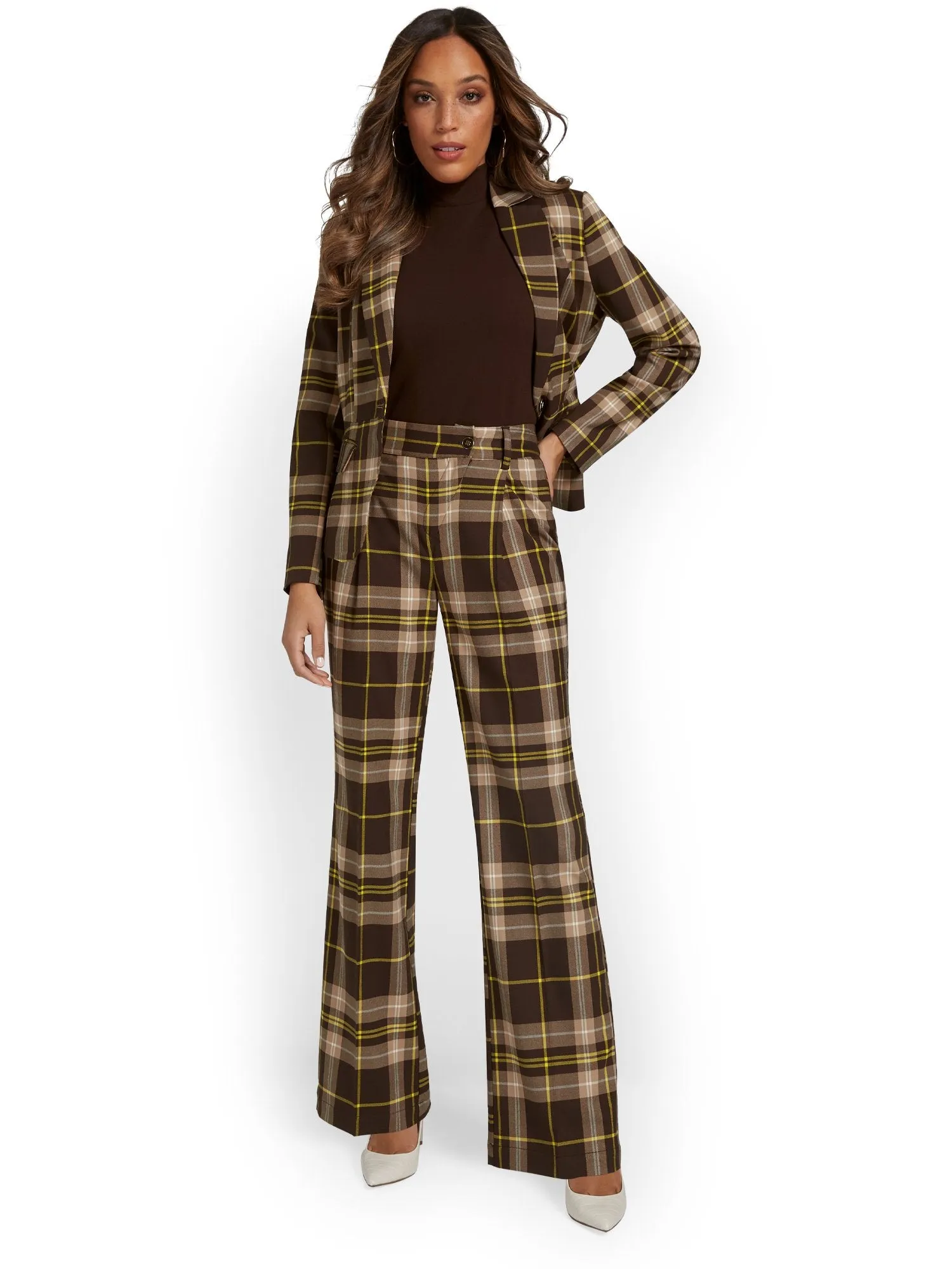 Plaid Asymmetric-Button Wide-Leg Pant