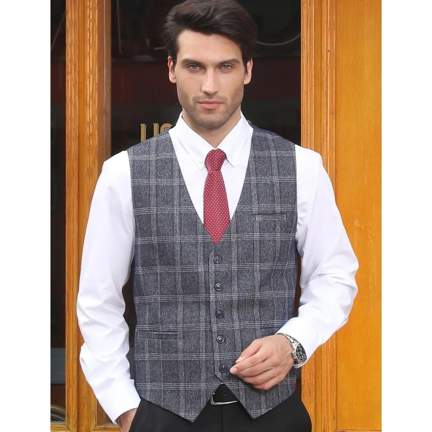 Plaid Slim Suit Vest - A7-BLUE&GRAY