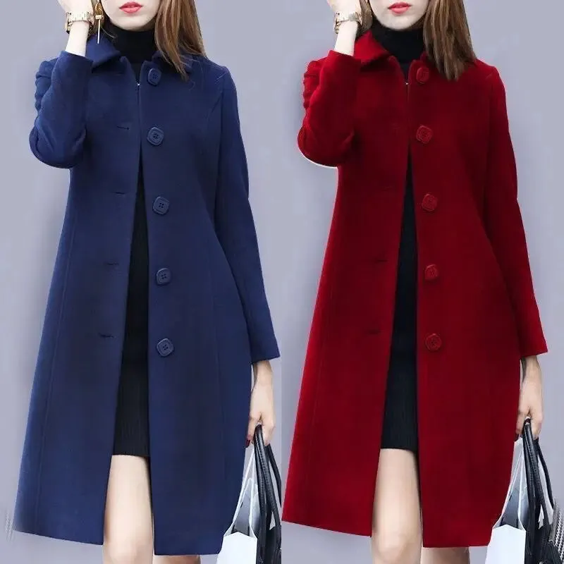 Purpdrank Autumn/Winter Elegant Office Lady Thin&Thick Woolen Coat Women Chic All-Match Solid Straight Mid-Length Windbreaker With Pocket