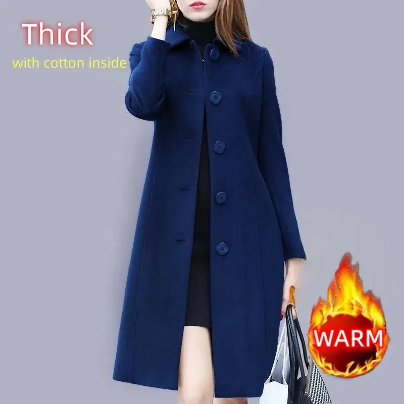 Purpdrank Autumn/Winter Elegant Office Lady Thin&Thick Woolen Coat Women Chic All-Match Solid Straight Mid-Length Windbreaker With Pocket