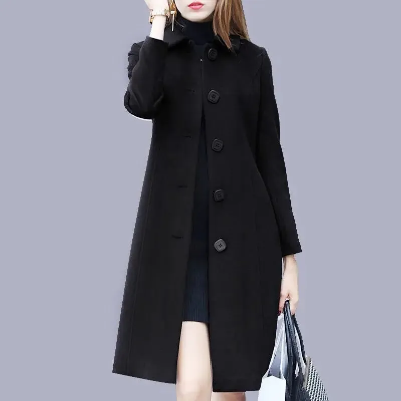 Purpdrank Autumn/Winter Elegant Office Lady Thin&Thick Woolen Coat Women Chic All-Match Solid Straight Mid-Length Windbreaker With Pocket