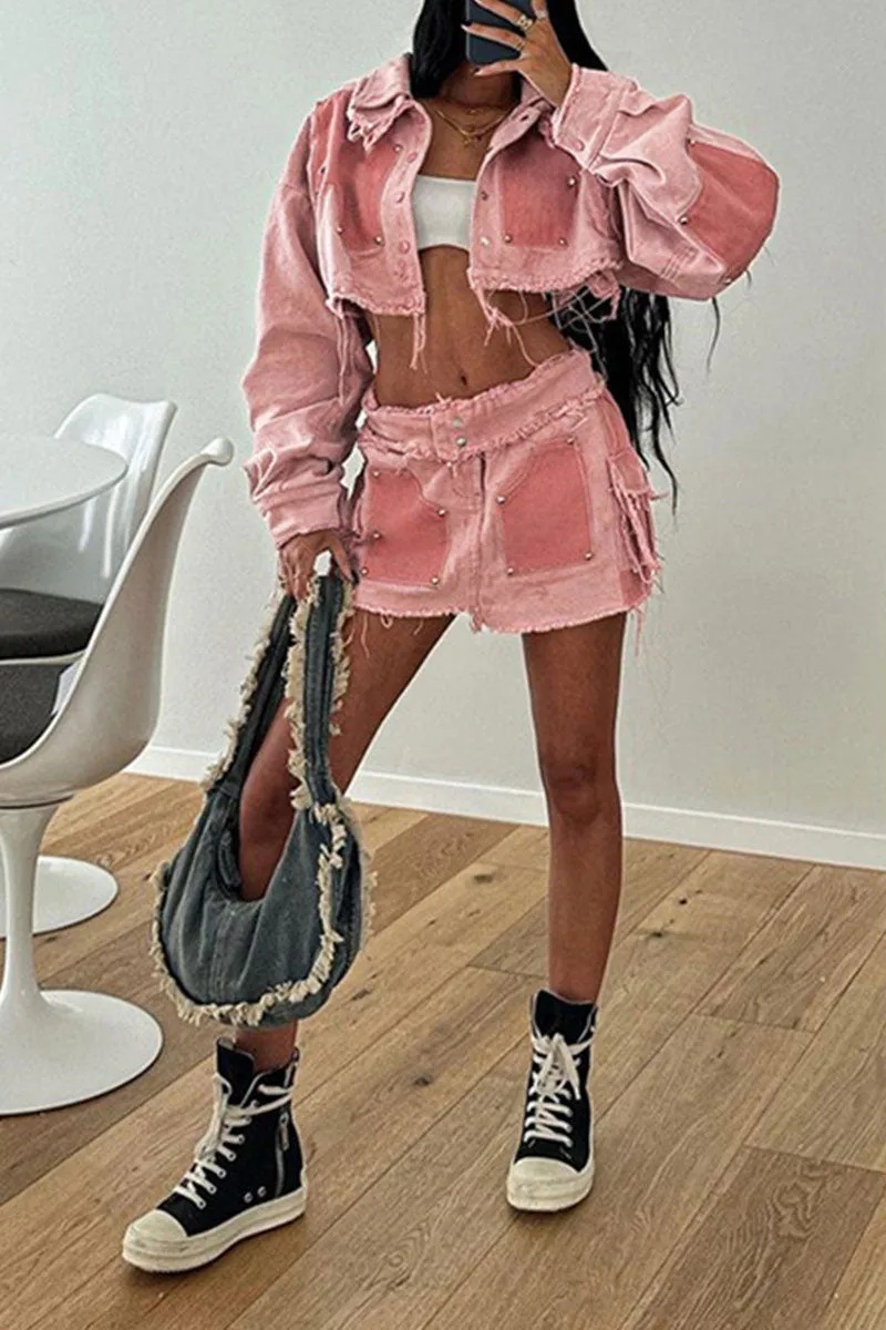 QG0162 Pinky Denim Mini Skirt