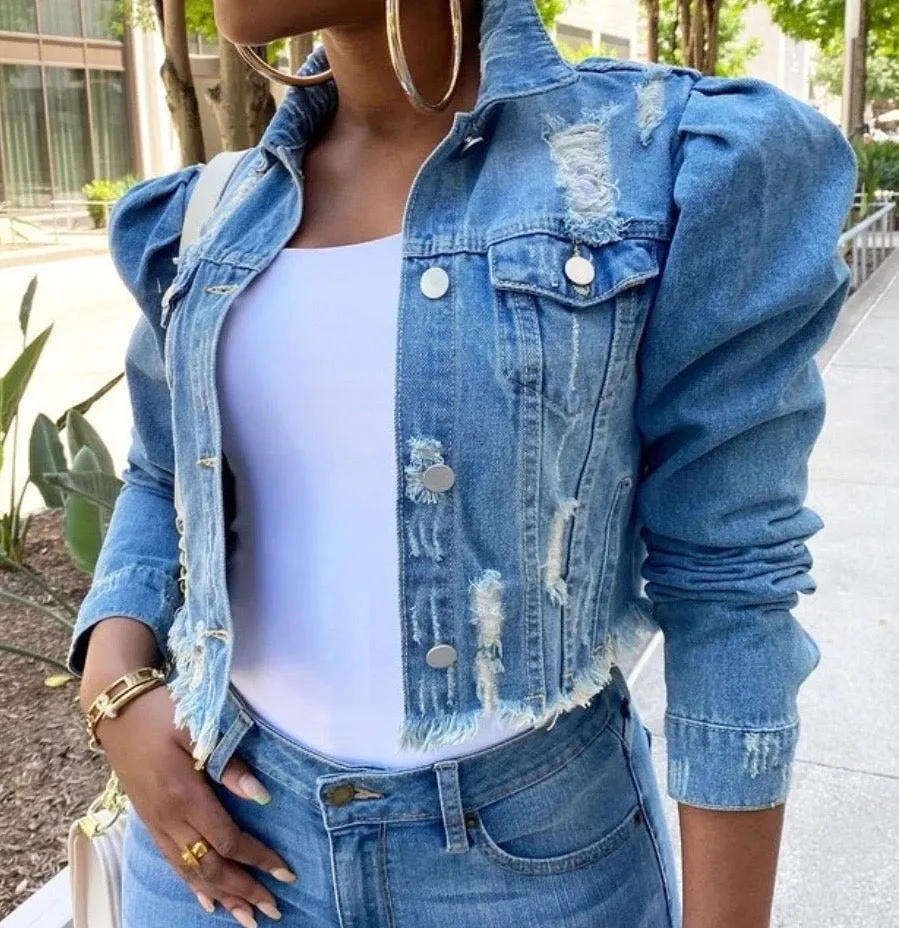 "Kimbella" Puff Sleeve Denim Jacket