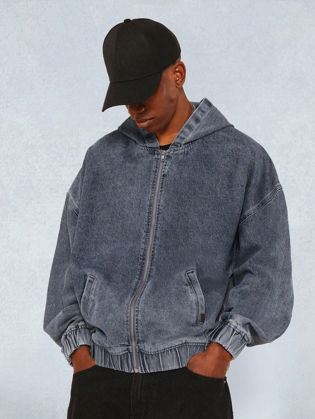 Regular Fit Hooded Zip Through Washed Denim Jacket