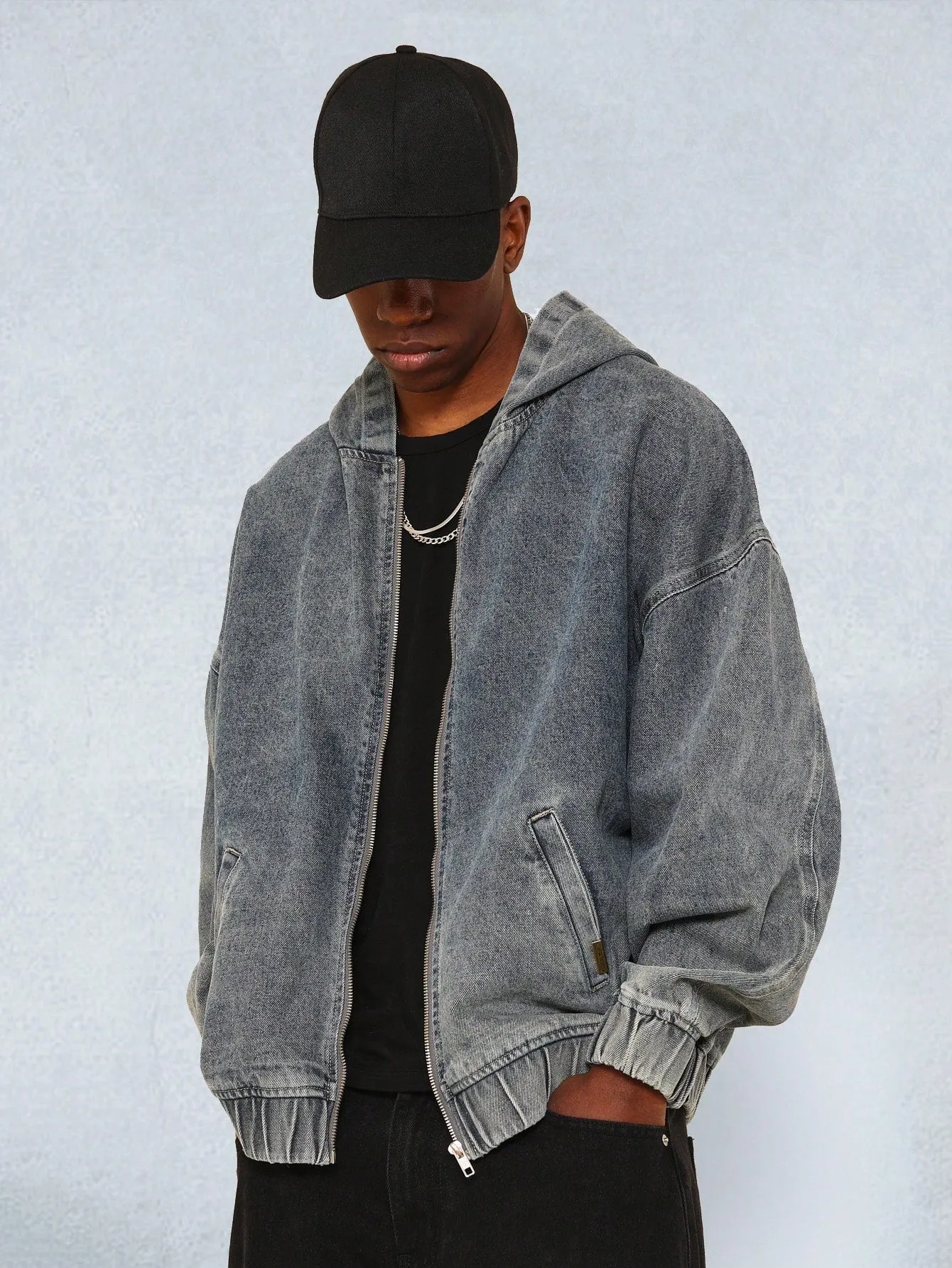 Regular Fit Hooded Zip Through Washed Denim Jacket