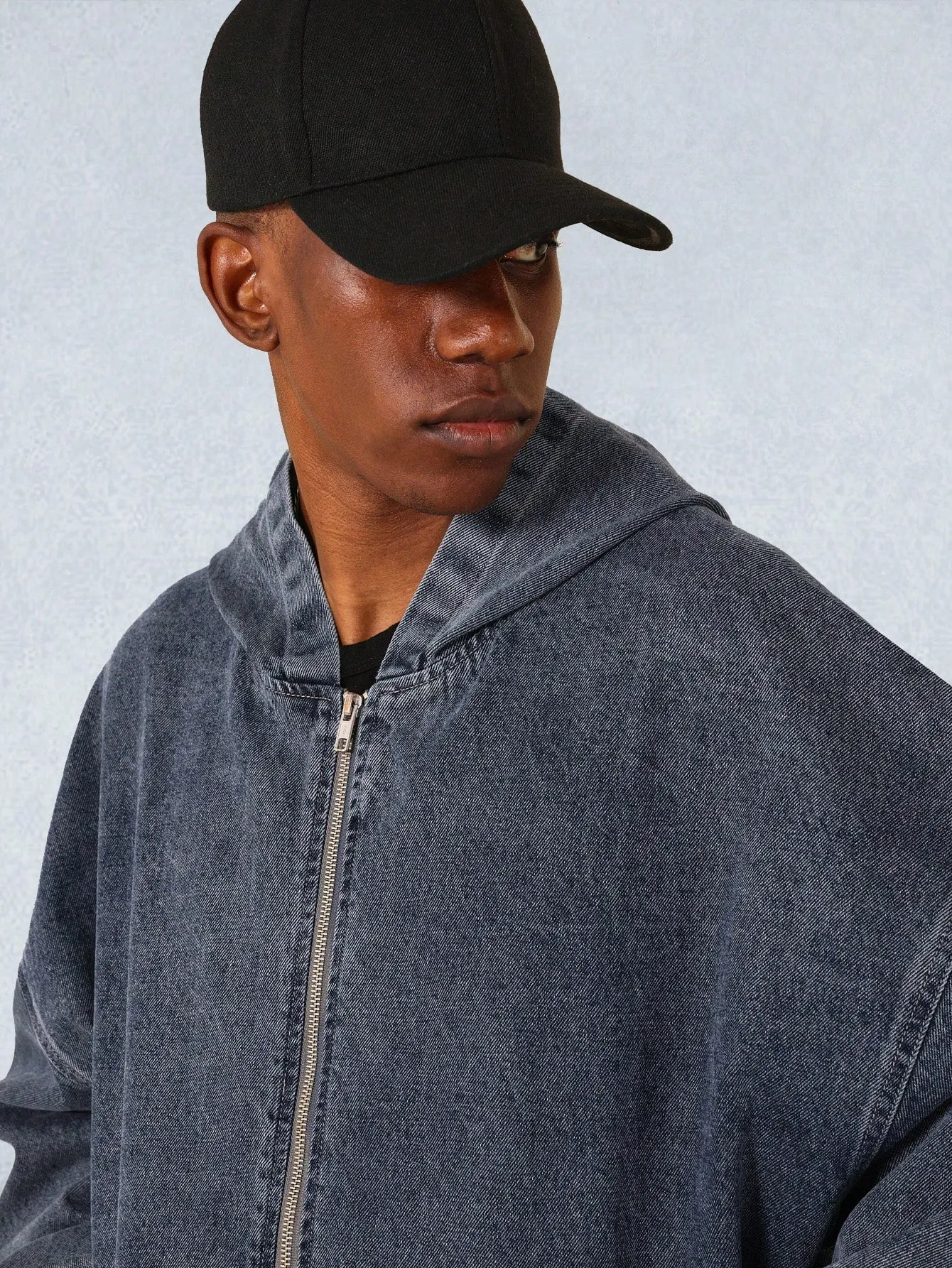 Regular Fit Hooded Zip Through Washed Denim Jacket