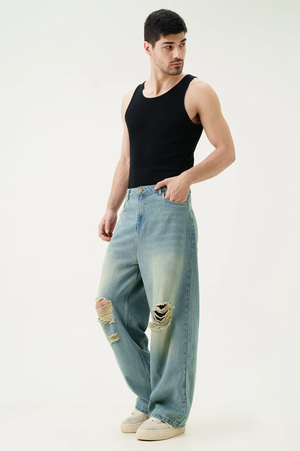 Retro Ripped Men's Wide Leg Jeans