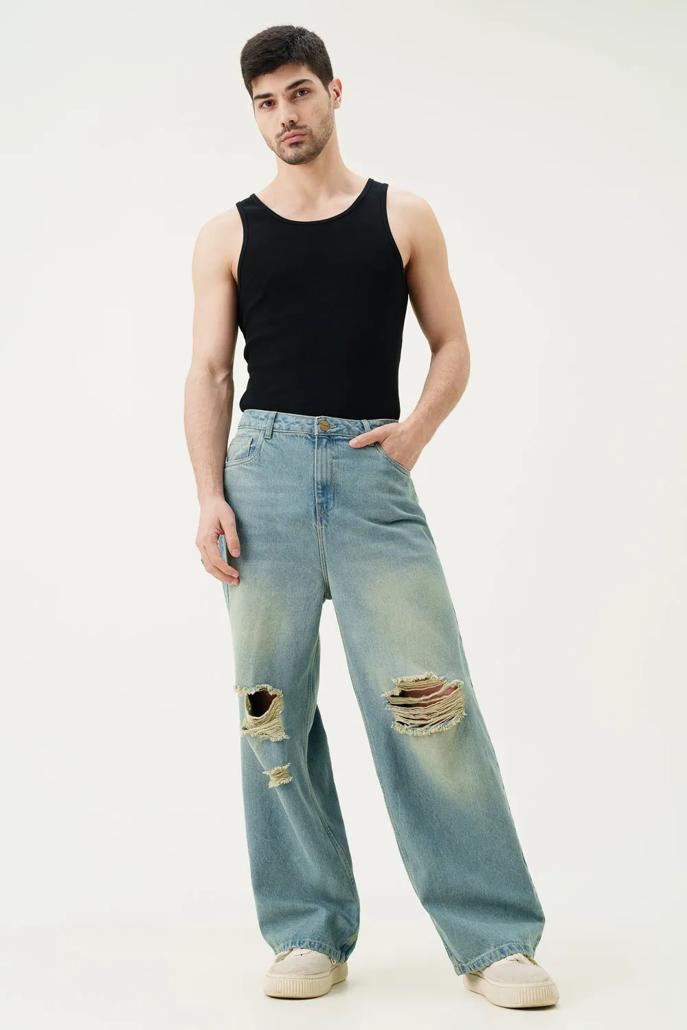 Retro Ripped Men's Wide Leg Jeans