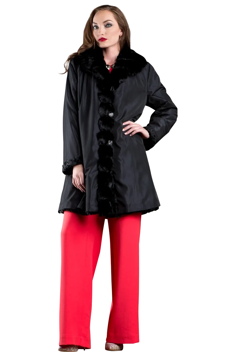 Reversible Black Swakara and Chinchilla Fitted Mid-Length Fur Coat