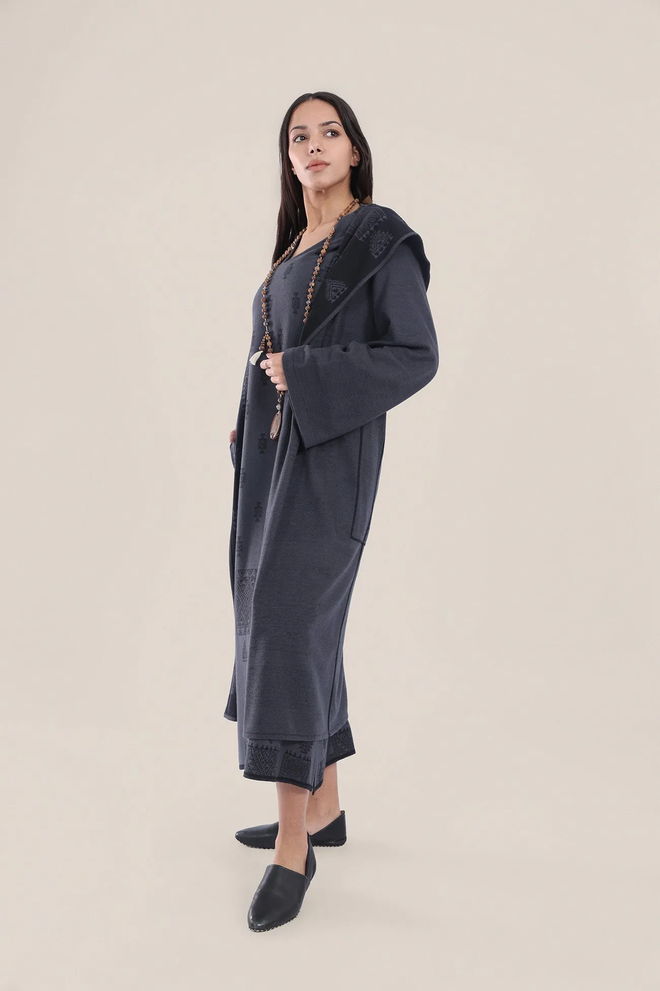 Reversible jacquard coat with hoodie