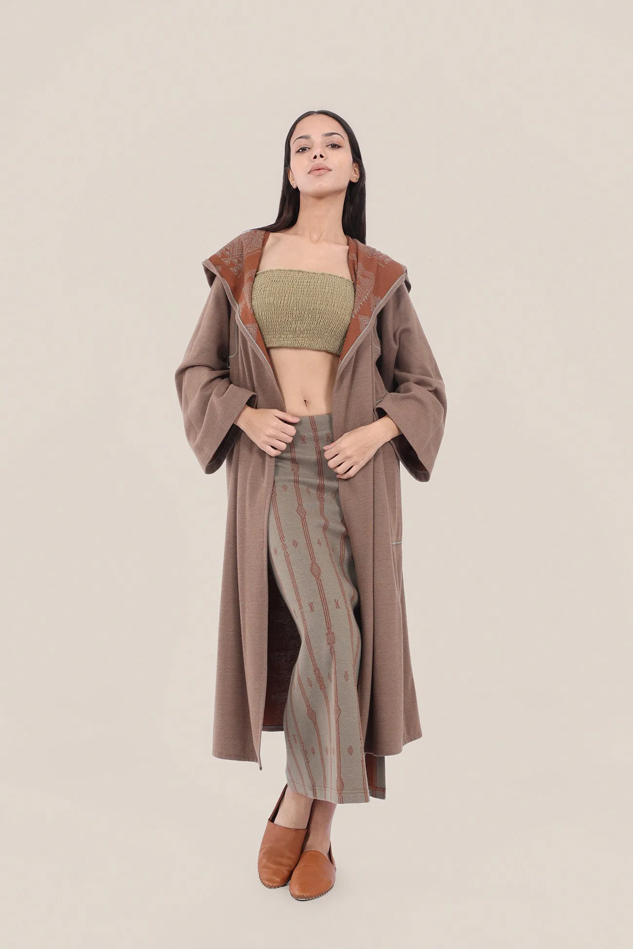 Reversible jacquard coat with hoodie