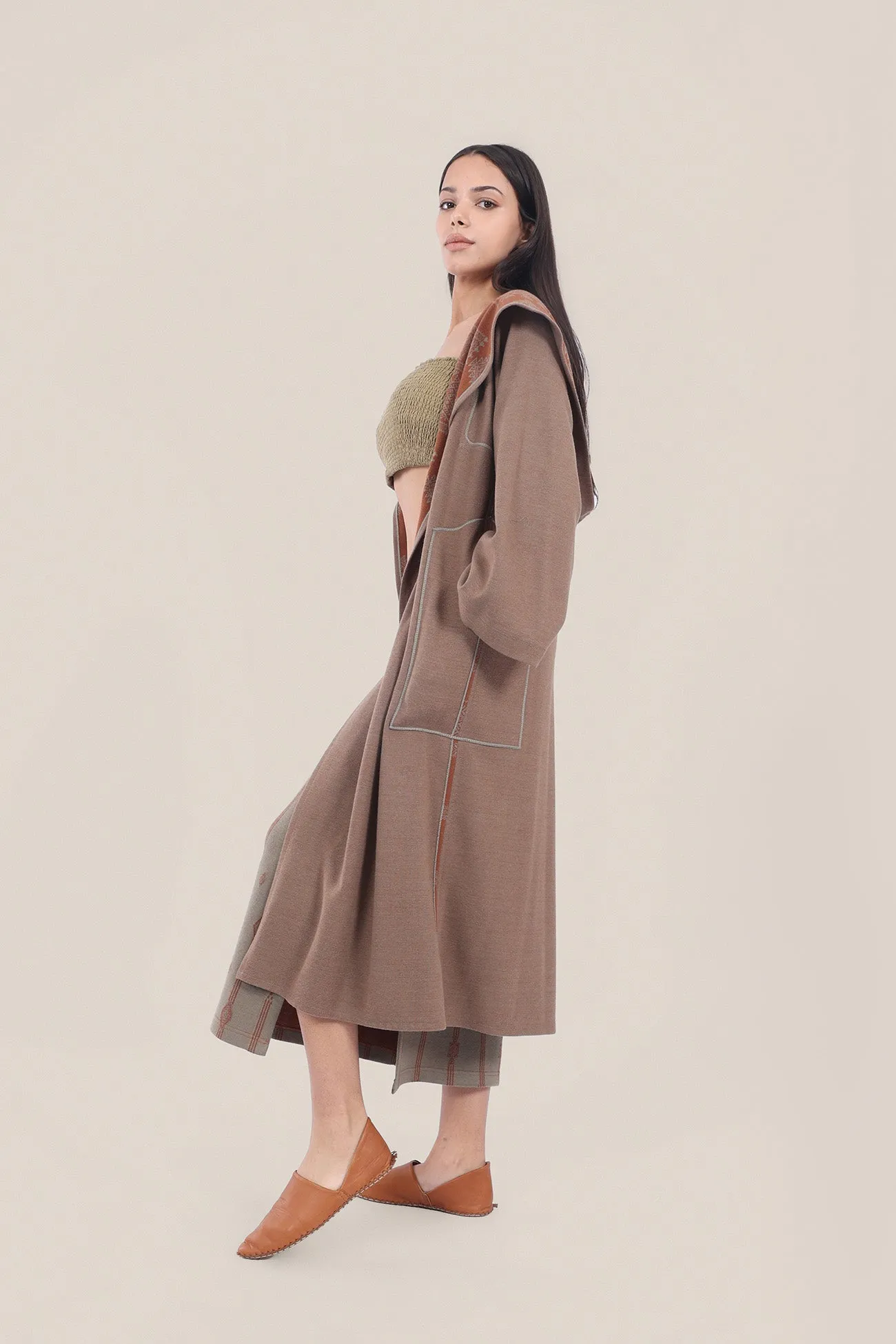 Reversible jacquard coat with hoodie