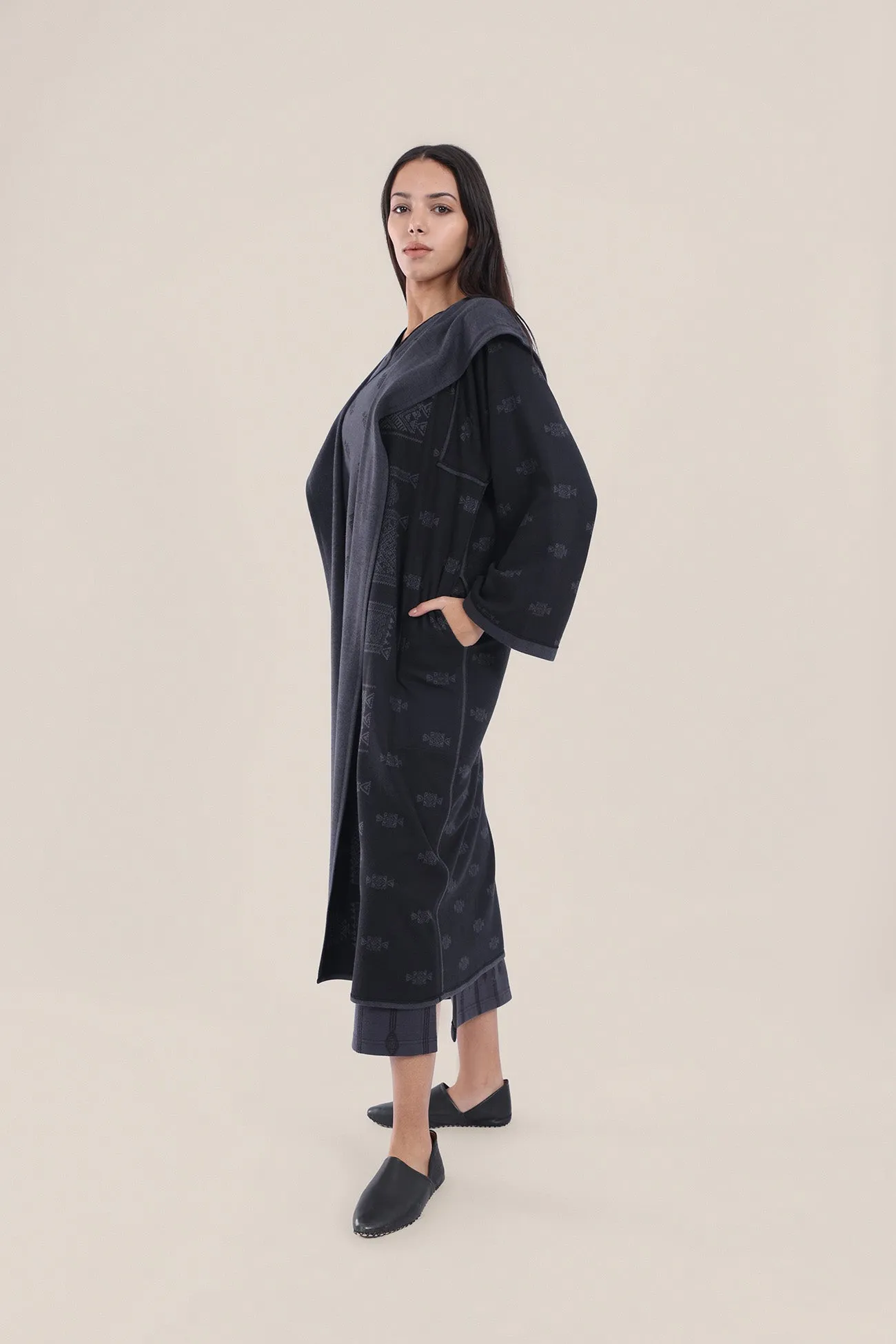 Reversible jacquard coat with hoodie