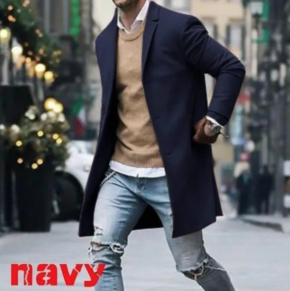 Riolio men fall outfits casual Autumn and Winter New Solid Color Men's Mid-Length Woolen Coat Slim plus Size Single-Breasted Trench Coat