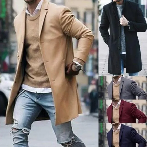 Riolio men fall outfits casual Autumn and Winter New Solid Color Men's Mid-Length Woolen Coat Slim plus Size Single-Breasted Trench Coat