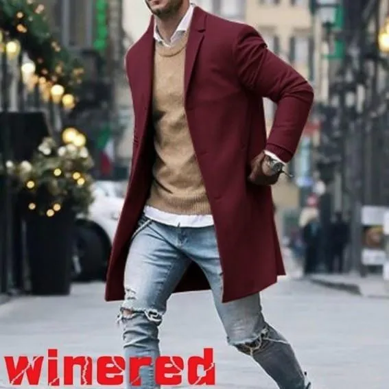 Riolio men fall outfits casual Autumn and Winter New Solid Color Men's Mid-Length Woolen Coat Slim plus Size Single-Breasted Trench Coat