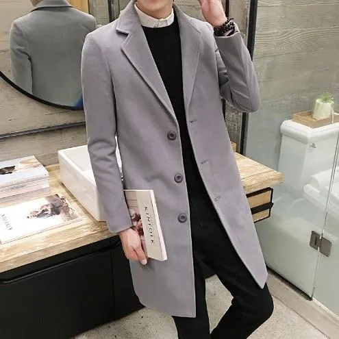 Riolio men fall outfits casual Autumn and Winter New Solid Color Men's Mid-Length Woolen Coat Slim plus Size Single-Breasted Trench Coat