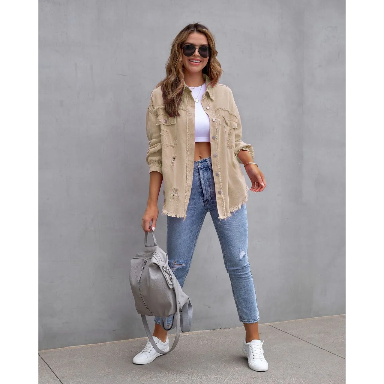 Ripped denim casual shirt jacket