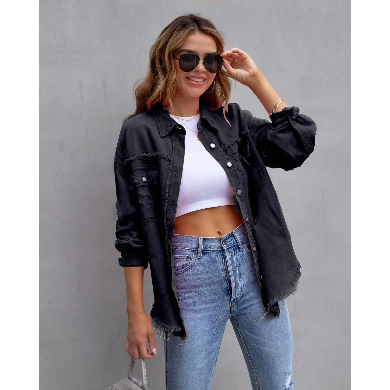 Ripped denim casual shirt jacket