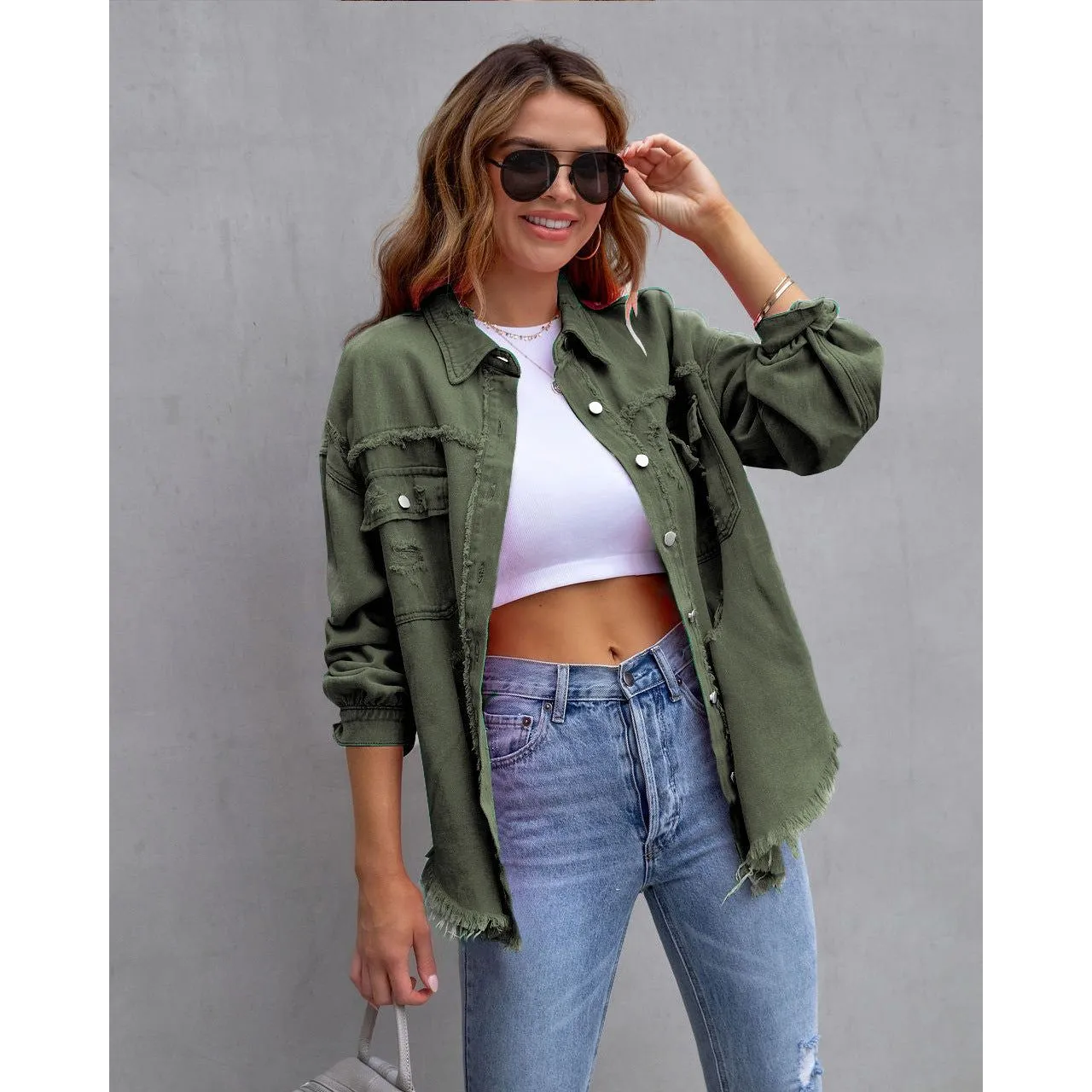 Ripped denim casual shirt jacket