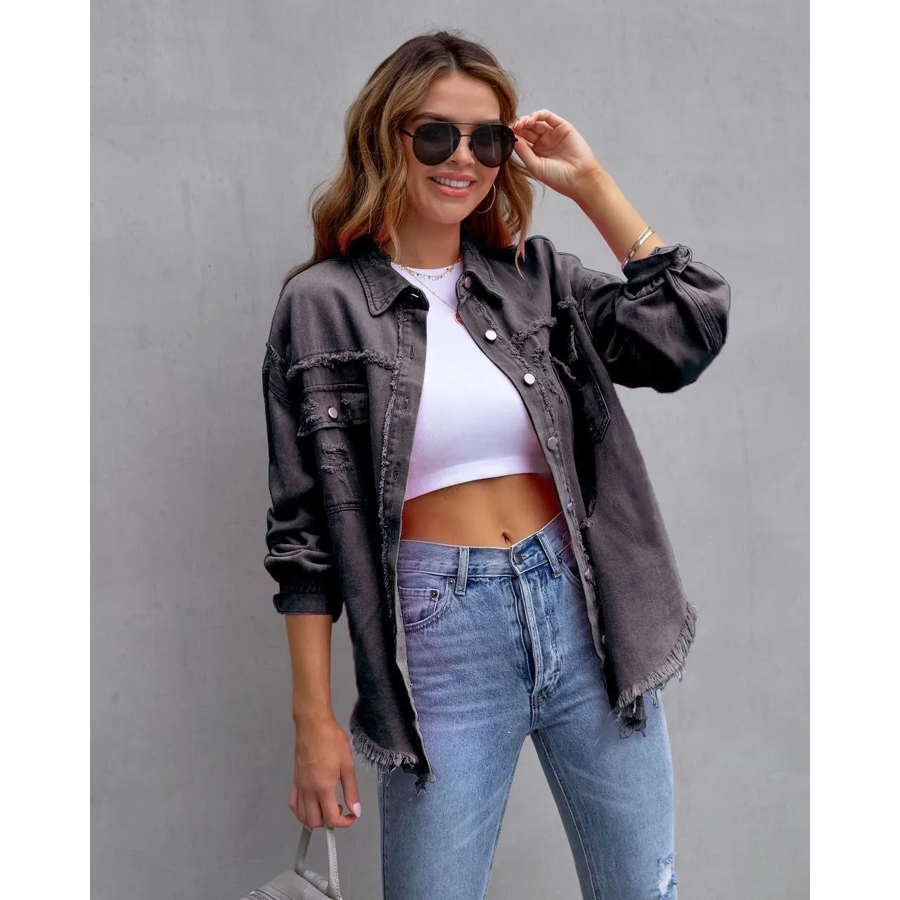 Ripped denim casual shirt jacket