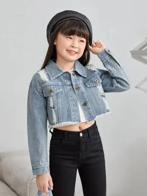 Ripped Frayed Hem Denim Jacket (Tween)