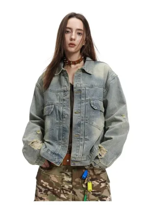 Ripped Hole Washed Denim Jacket