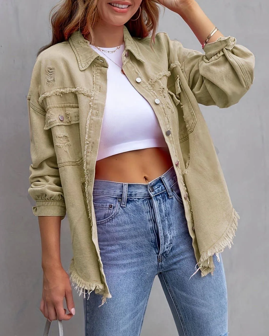 Ripped Long-Sleeved Denim Jackets (Multiple Colors)