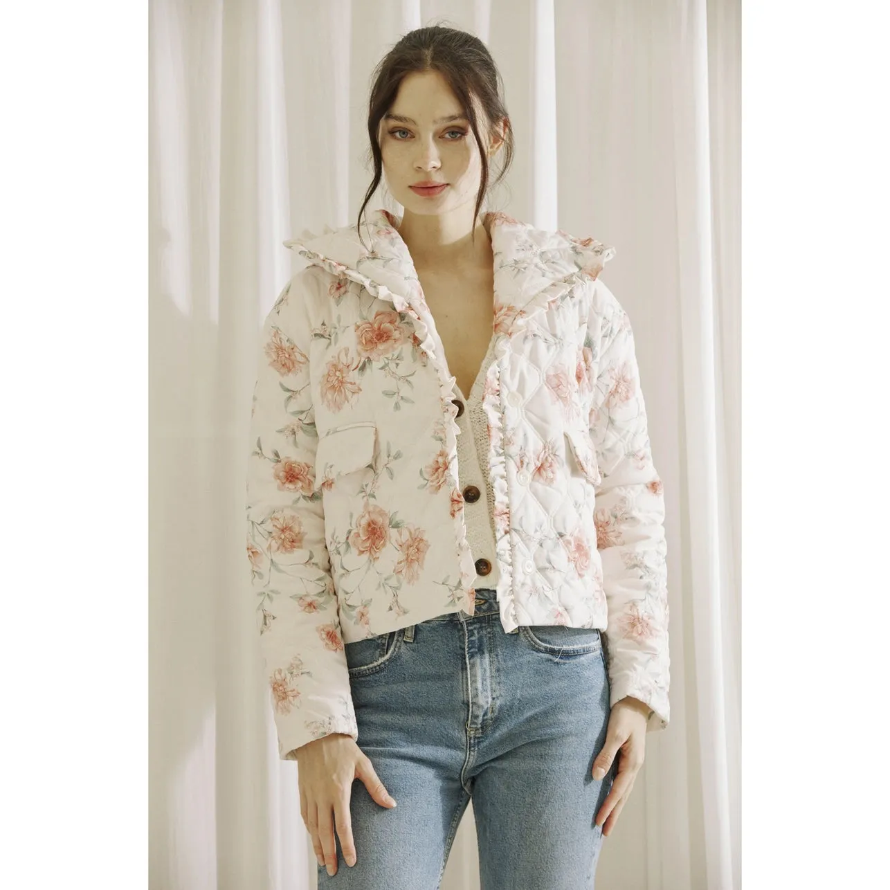 Rose Print Quilted Puffer Jacket