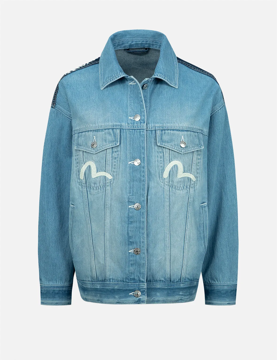 Seagull Embroidery and Slogan-print Blocking Denim Jacket