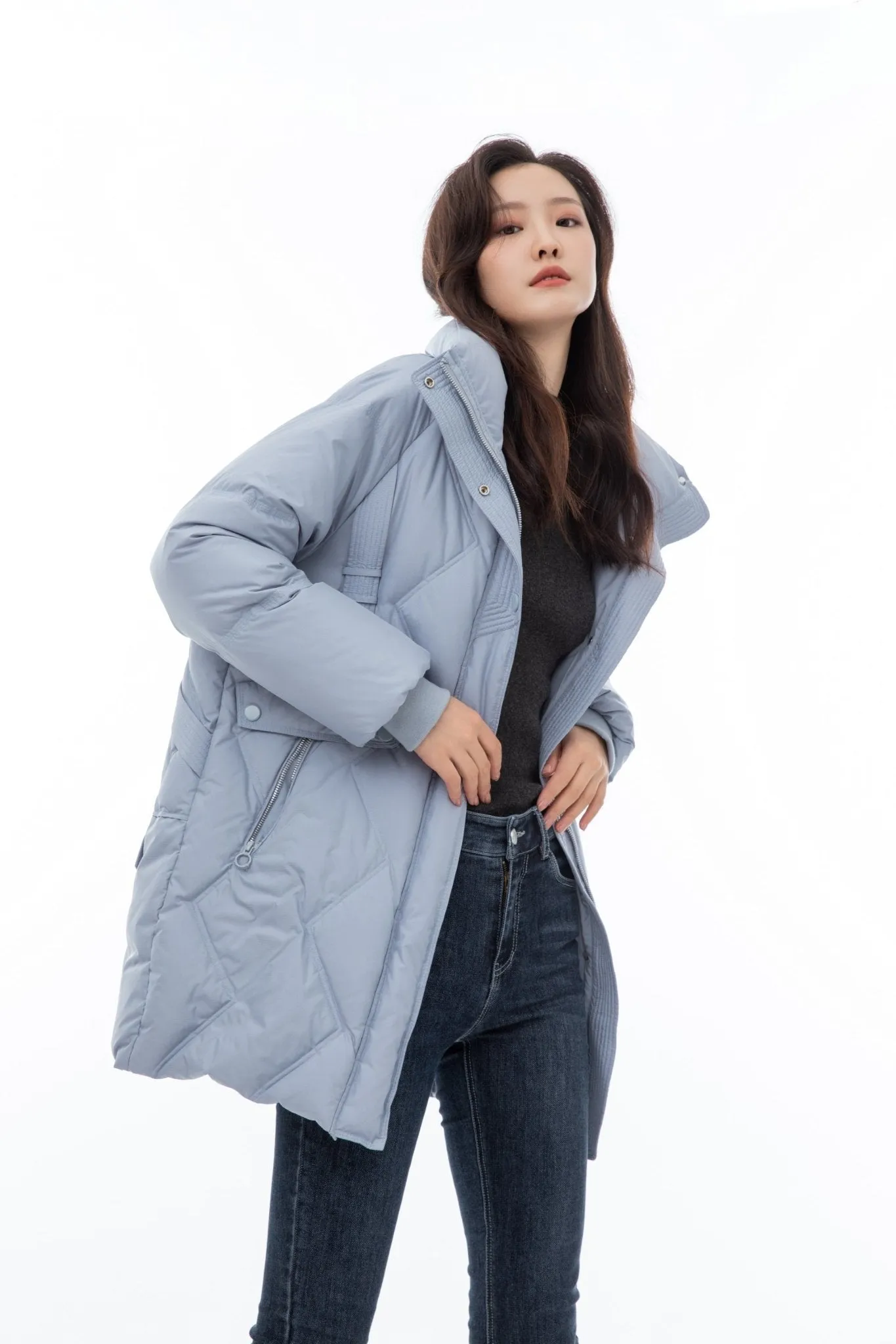 Shadow Blue Puffer Trench Goose Down Jacket