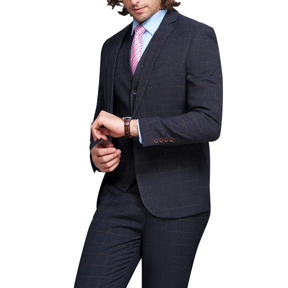 Slim Fit 3-Piece Suit Plaid Grey Suit