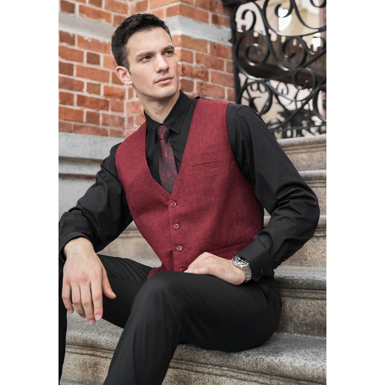 Solid Slim Suit Vest - BURGUNDY