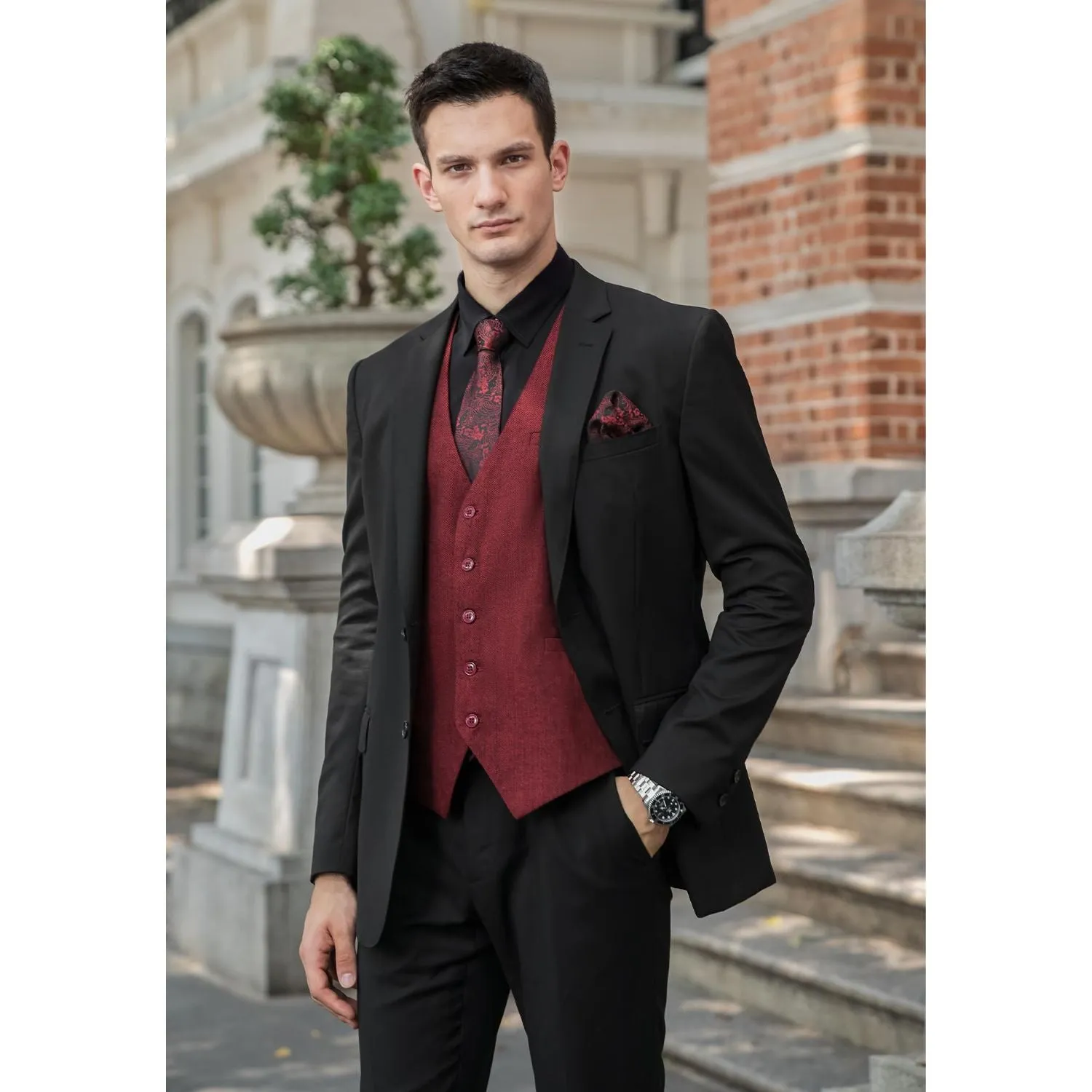 Solid Slim Suit Vest - BURGUNDY