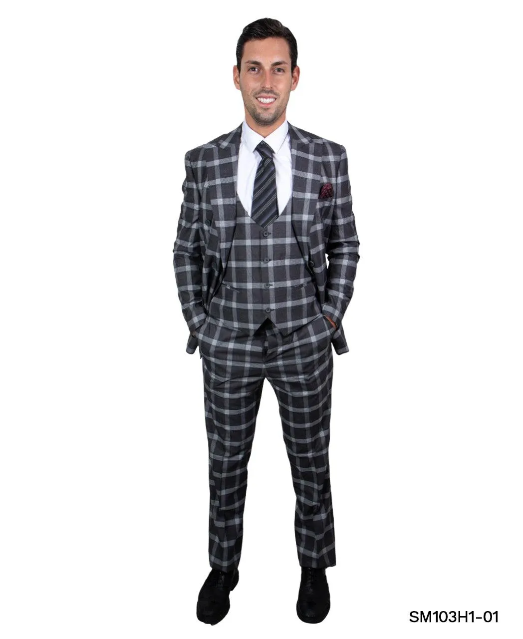 Stacy Adams Hybrid Fit Double-Breast Suit, Neutral Plaid