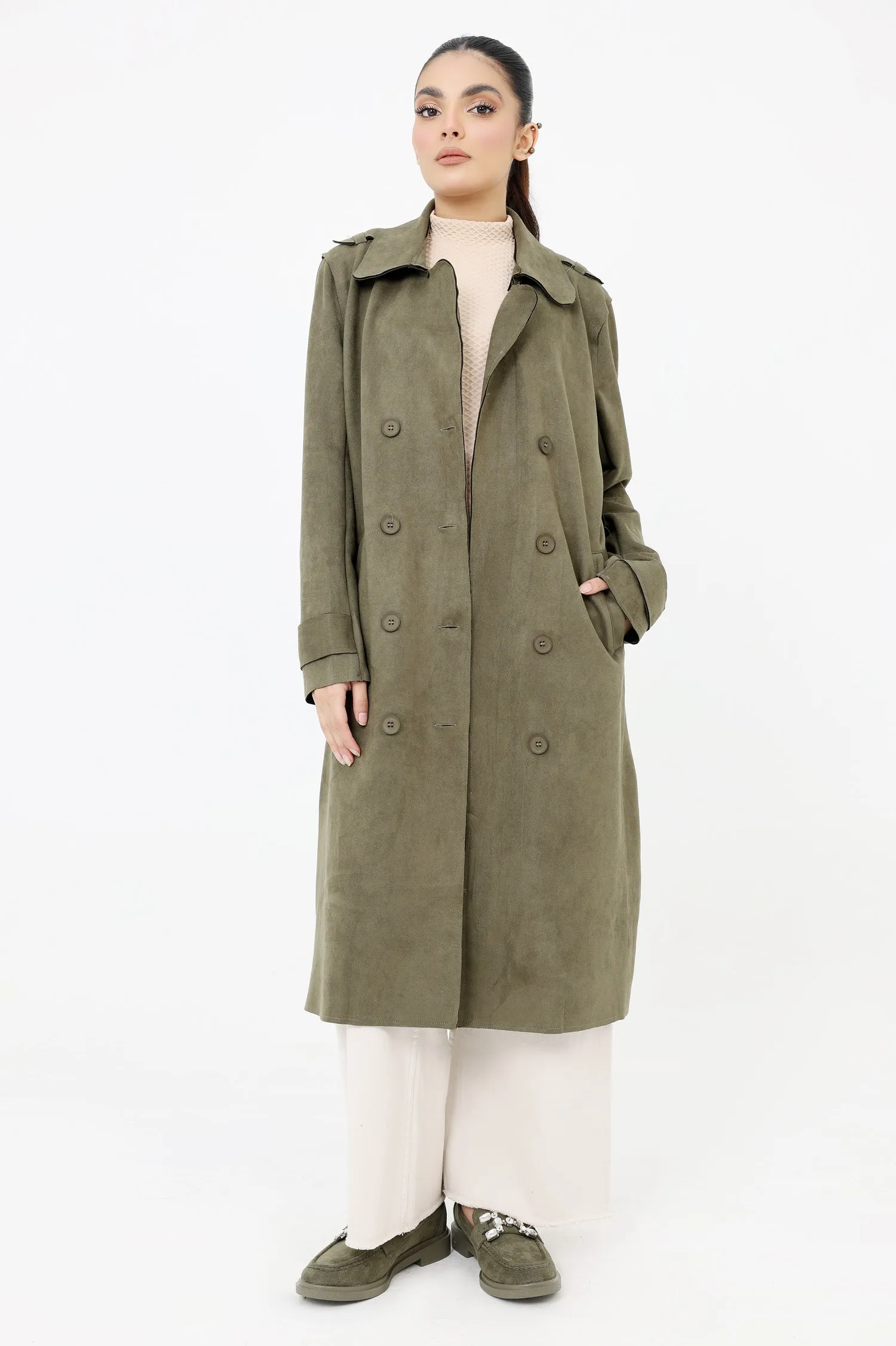 SUEDE TRENCH COAT-OLIVE