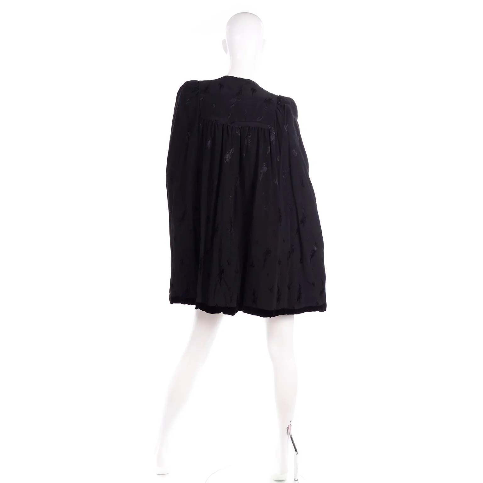 Vintage Edwardian Black Velvet Evening Cape with Silk Reversible Print Lining