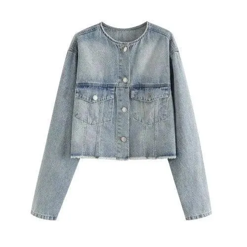 Wenkouban-Winter outfits Christmas O-Neck Washed Short Denim Jacket