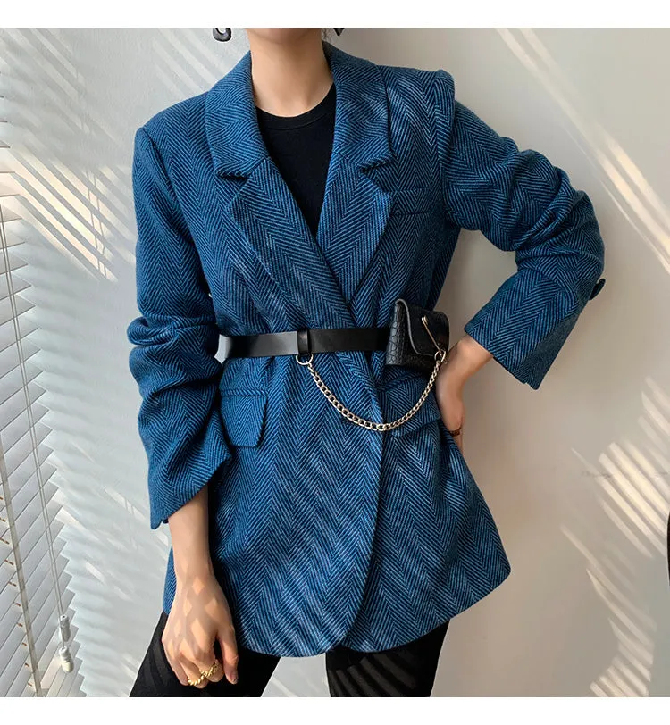 Wjczt New Woolen Coat Women Elegant Thick Blue Suit Blazer Jacket 2022 Autumn Winter Office Lady Outwear Female Fashion