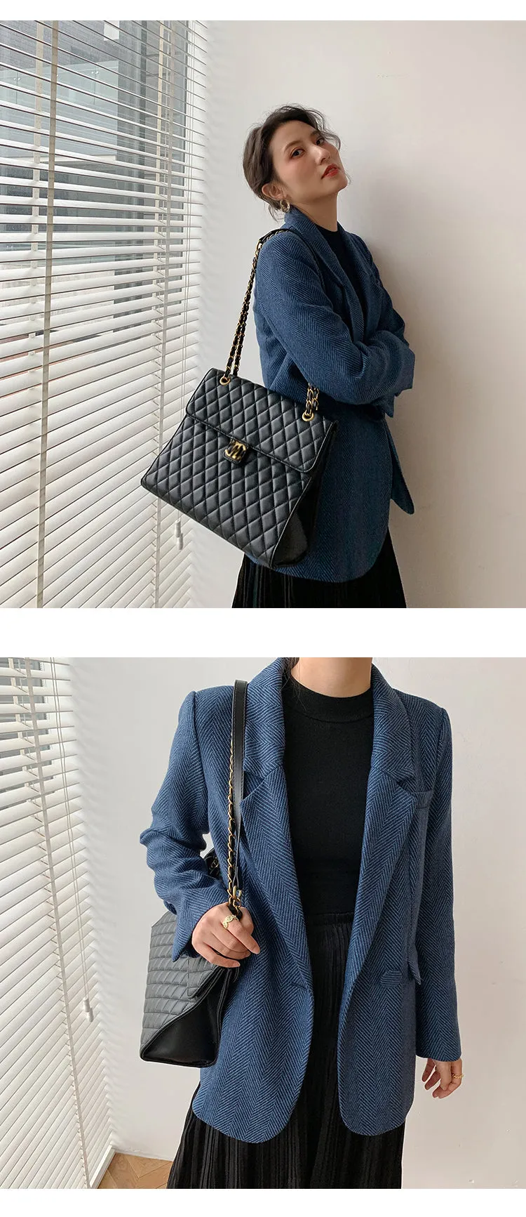 Wjczt New Woolen Coat Women Elegant Thick Blue Suit Blazer Jacket 2022 Autumn Winter Office Lady Outwear Female Fashion