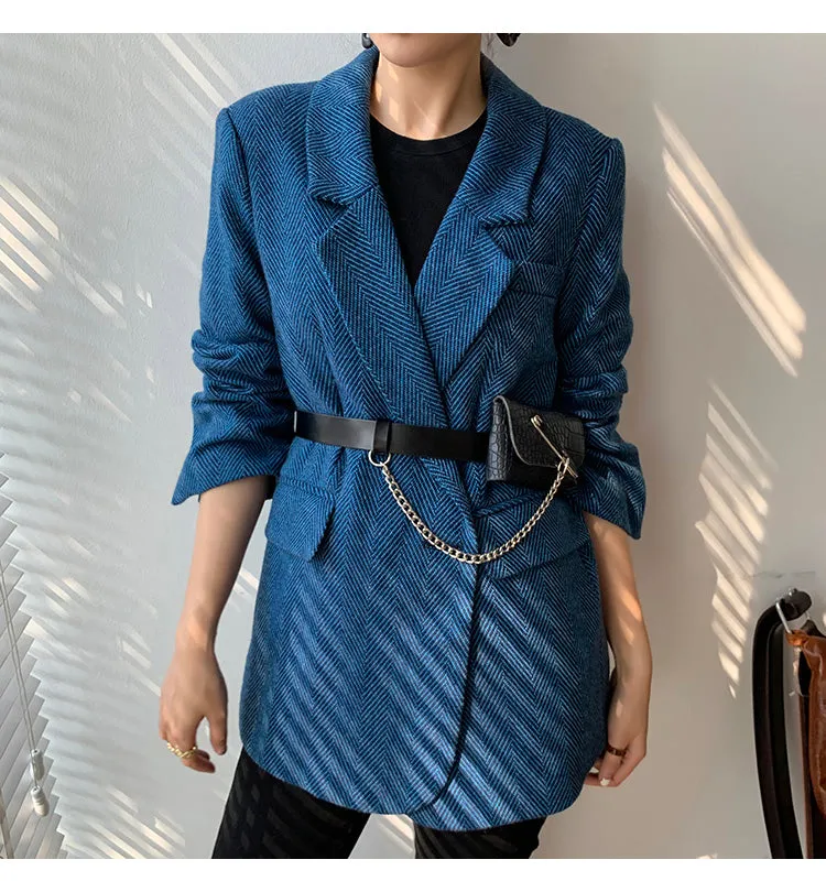 Wjczt New Woolen Coat Women Elegant Thick Blue Suit Blazer Jacket 2022 Autumn Winter Office Lady Outwear Female Fashion