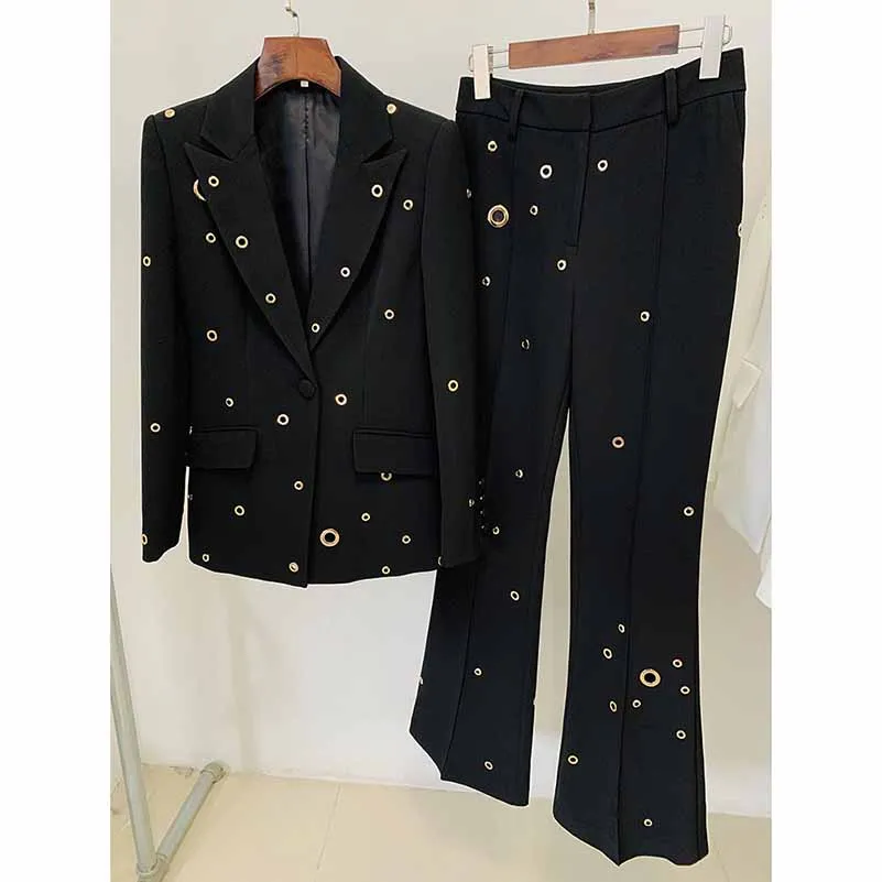 Women One Button Pantsuit Fitted Blazer   Flare Long Trousers Suit Pants Suit