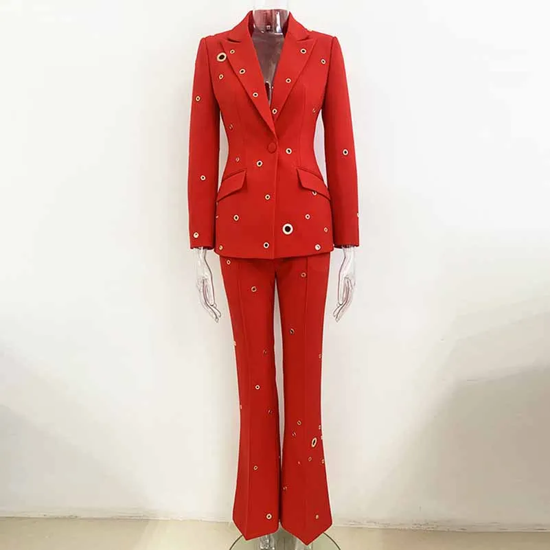 Women One Button Pantsuit Fitted Blazer   Flare Long Trousers Suit Pants Suit