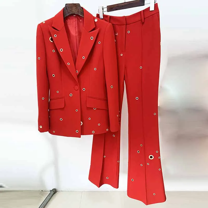 Women One Button Pantsuit Fitted Blazer   Flare Long Trousers Suit Pants Suit