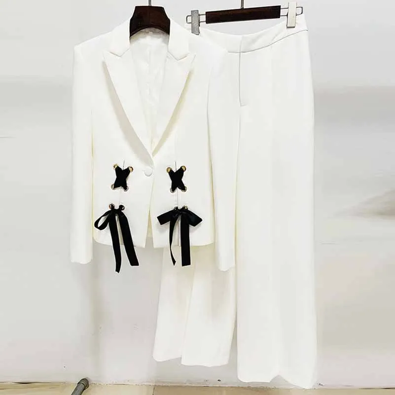 Women V-Neck Pantsuit Wide-Legs Trousers Suit Lace-Up Two Pieces Set Event Suit